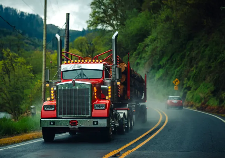 Log truck on a misty northwoods highway